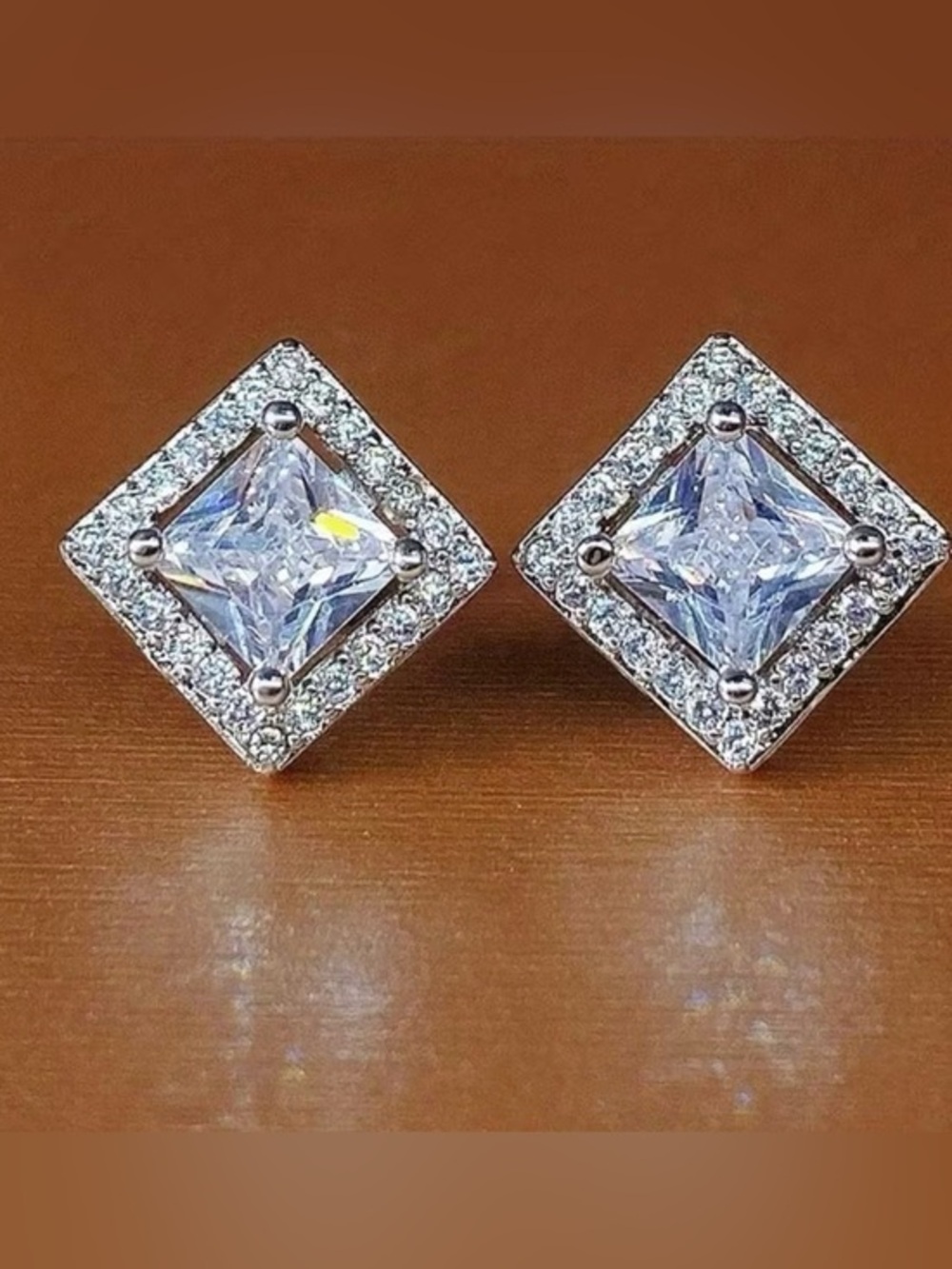 Unisex Square Halo Cubic Zirconia Stud Earrings - Silver Tone